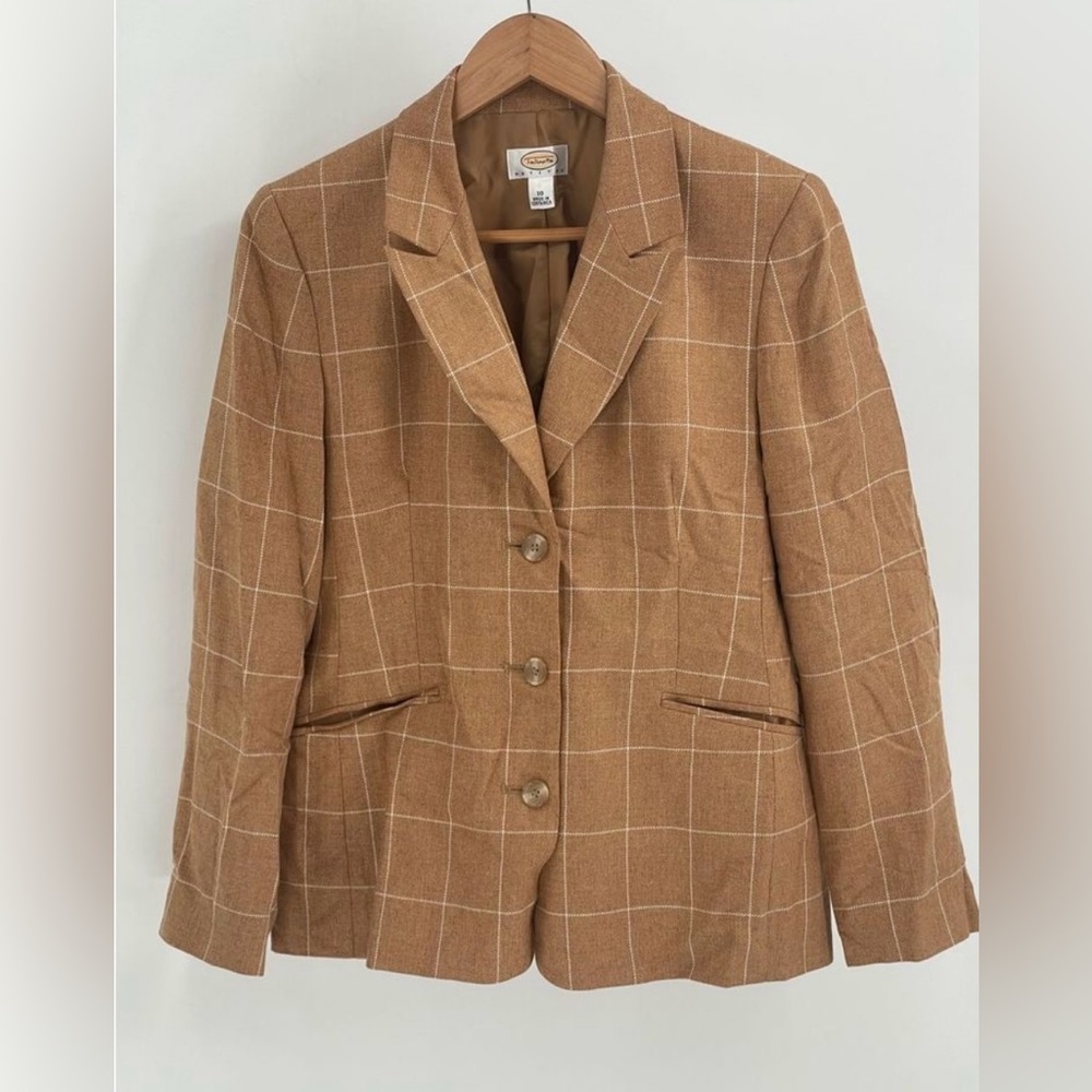 Talbots Blazer Wool Silk Blend Women’s Size 10 Tan Camel Check